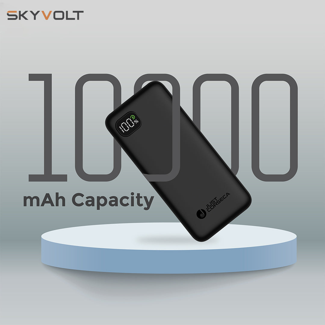 JUST CORSECA Skyvolt JST500 10,000mAh Power Bank | PD 20W Fast Charging | Dual USB-A  & Type-C Ports | Li-Polymer Battery | LED Display | Multi-layer Protection (Black)