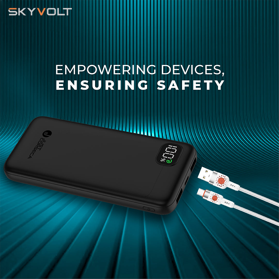 JUST CORSECA Skyvolt JST500 10,000mAh Power Bank | PD 20W Fast Charging | Dual USB-A  & Type-C Ports | Li-Polymer Battery | LED Display | Multi-layer Protection (Black)